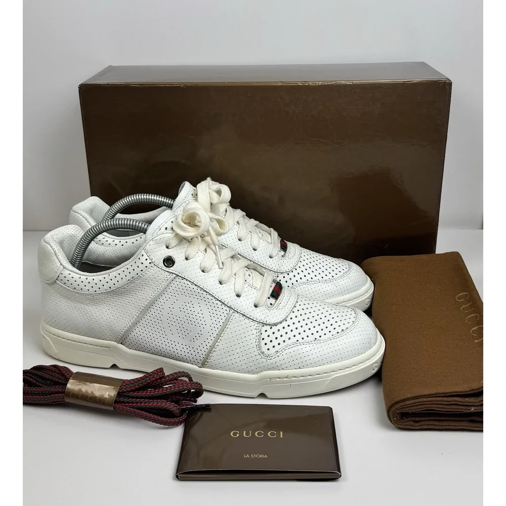 Auth Gucci Sneakers Men's GG Leather White PRAGA 212452 Shoes 7.5 G US 8 Eu 41.5